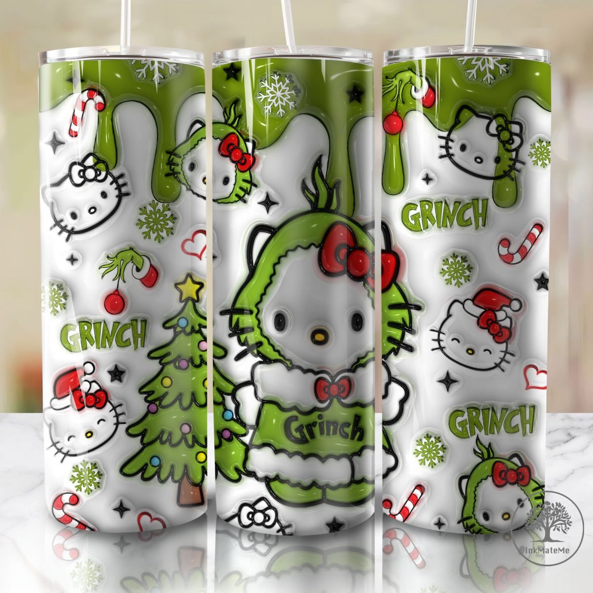 3D Inflated Pink Christmas Tumbler Wrap Png, Cat Png, Christmas Movies Png, Cartoon 20 oz Wrap Tumbler, Christmas Ginger Bread 3D