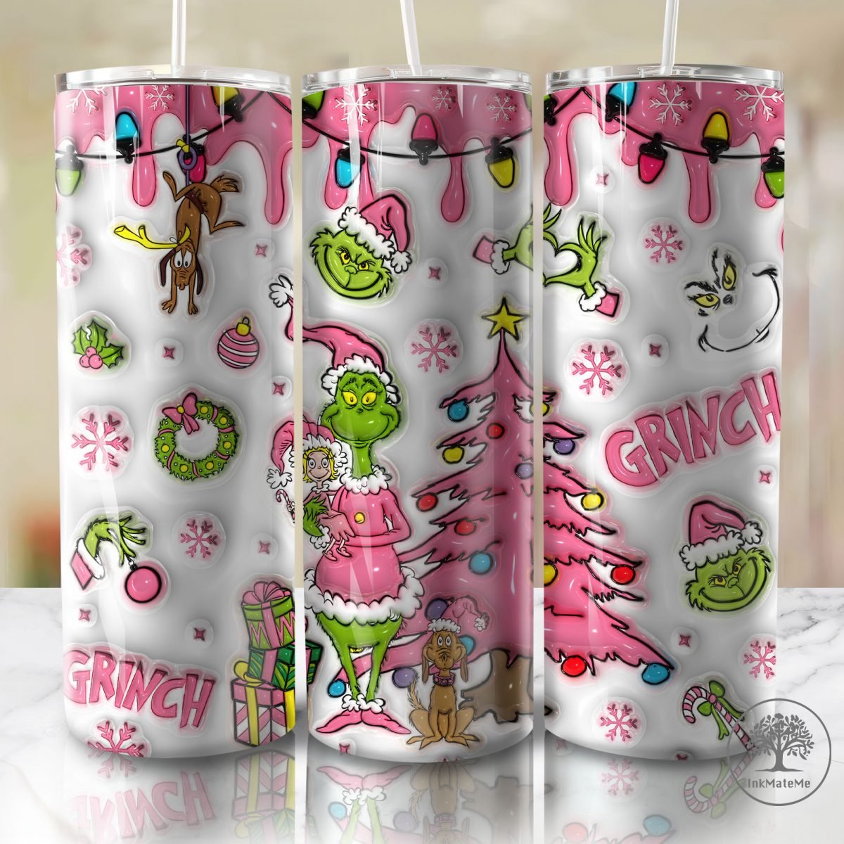 3D Inflated Christmas Movies 20oz Skinny Tumbler Png, 3D Puffy Pink Christmas Tumbler, Xmas Holiday, Santa Hat, Christmas 20oz Tumbler Wrap