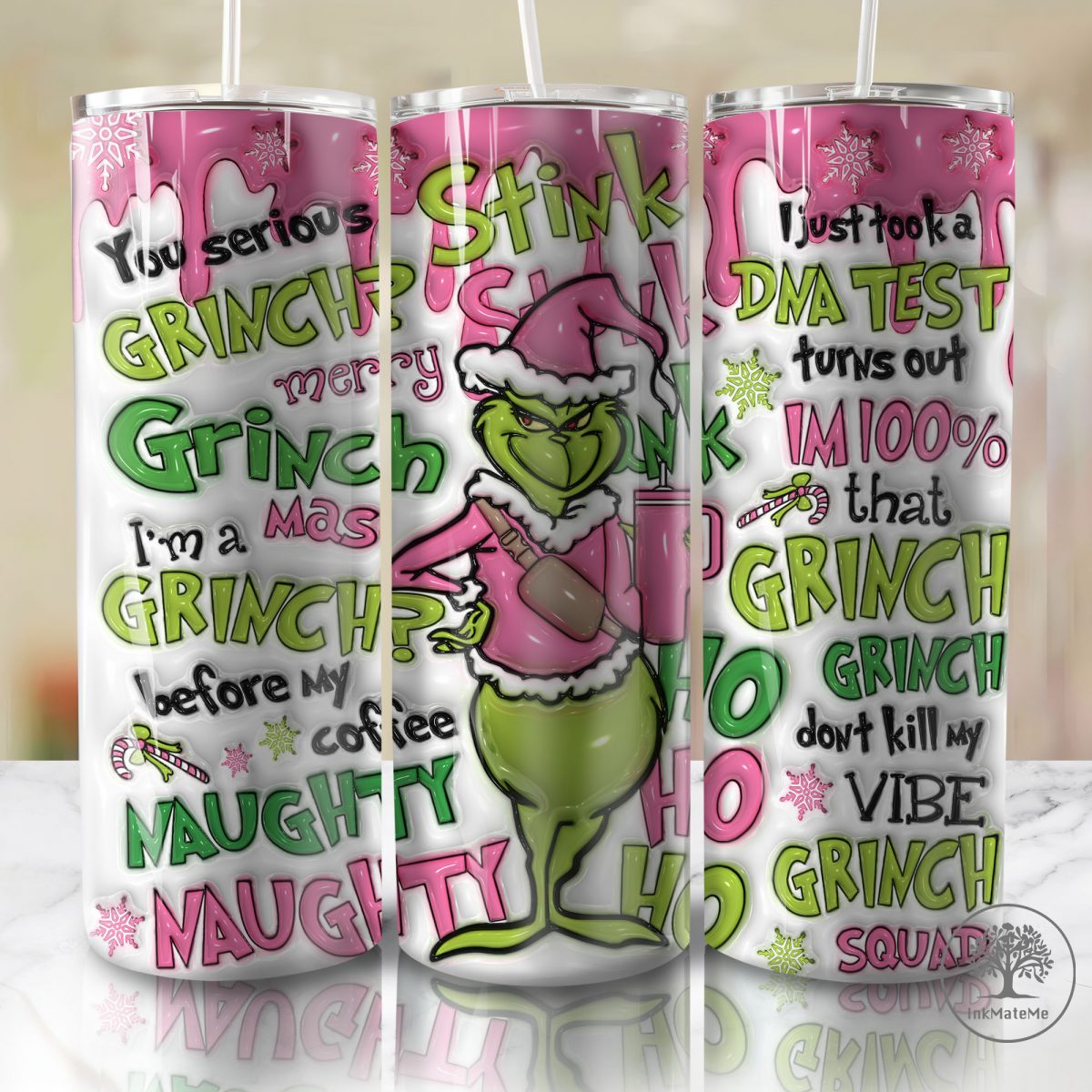 3D Inflated Pink Christmas 20 Oz Skinny Tumbler Png, Santa Claus Png, Merry Xmas Png, Christmas 20oz Tumbler Wrap, Christmas Movies Png