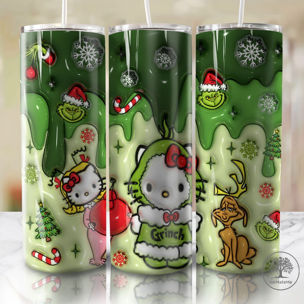 3D Inflated Pink Christmas Tumbler Wrap Png, Cat Png, Christmas Movies Png, Cartoon 20 oz Wrap Tumbler, Christmas Ginger Bread 3D