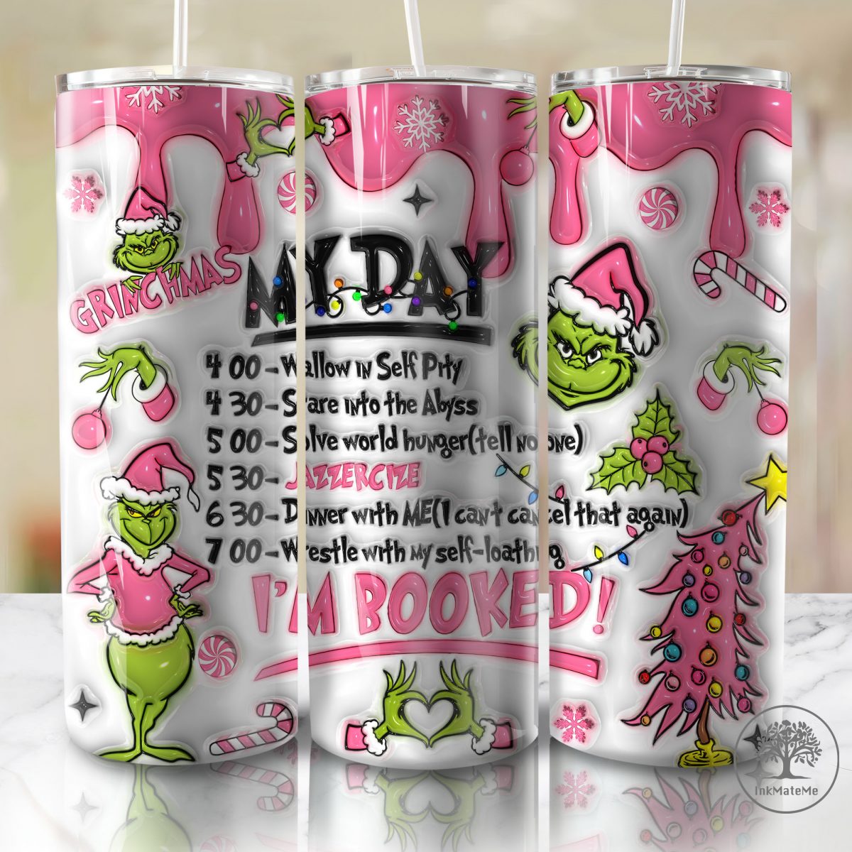 3D Inflated Merry Christmas Tumbler Wrap Png, Xmas Holiday, Santa Hat, Christmas Bauble Puffy Tumbler, Christmas Movies 20oz Skinny Tumbler