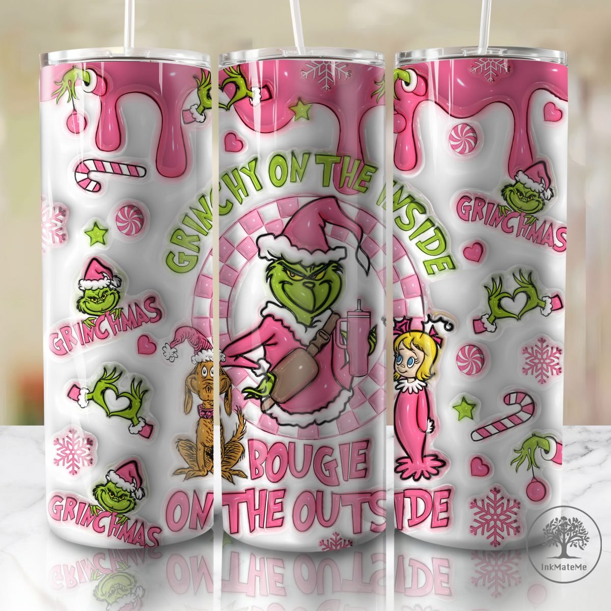 3D Inflated Pink Christmas 20 Oz Skinny Tumbler Png, Santa Claus Png, Christmas 20oz Tumbler Wrap, Christmas Movies Png, Merry Xmas Png