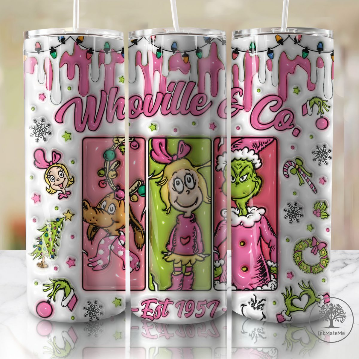 3D Inflated Christmas Tumbler Wrap, Merry Christmas, Pink Xmas Png, Santa Hat, Holiday Season,Christmas Cartoon 20oz Skinny Tumbler Wrap Png