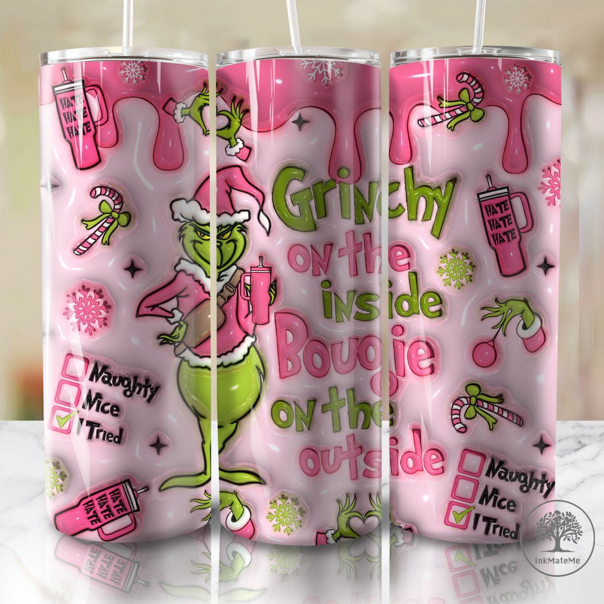 3D Inflated Pink Christmas Movie Tumbler Wrap, Merry Christmas Png, Santa Hat, Xmas Holiday,Mean Green Guy Christmas 20oz Skinny Tumbler Png