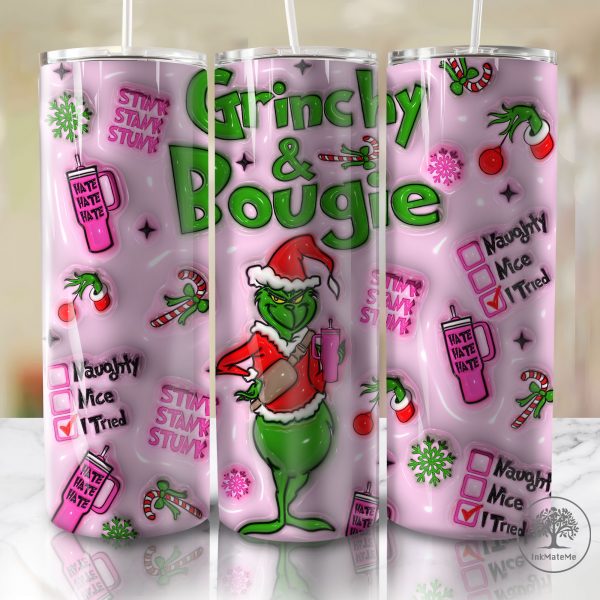 3D Inflated Pink Christmas 20oz Skinny Tumbler Wrap, Xmas Holiday, Santa Hat, 3D Puffy Christmas Movies Tumbler,Merry Christmas Tumbler Wrap