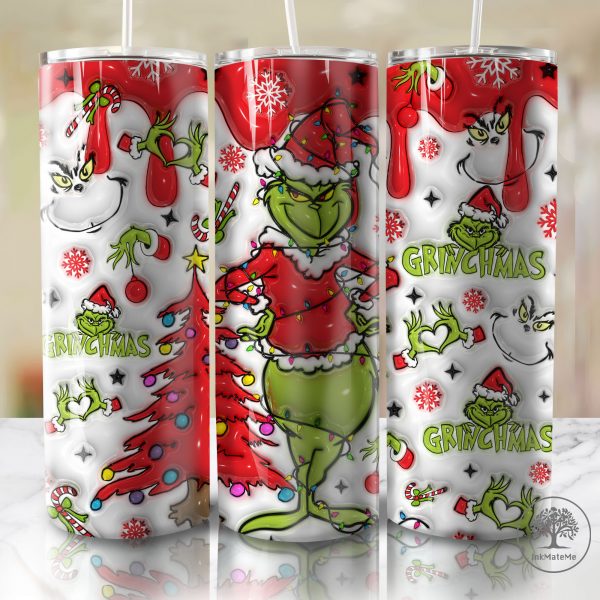 3D Inflated Christmas Movies 20oz Skinny Tumbler Png, 3D Puffy Pink Christmas Tumbler, Xmas Holiday, Santa Hat, Christmas 20oz Tumbler Wrap