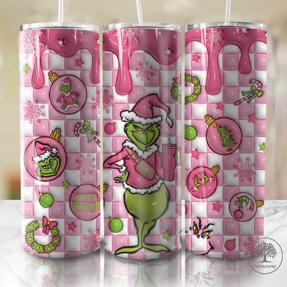 3D Inflated Pink Christmas 20 Oz Skinny Tumbler Png, Santa Claus Png, Christmas Movies Png, Merry Xmas, Checked Christmas 20oz Tumbler Wrap