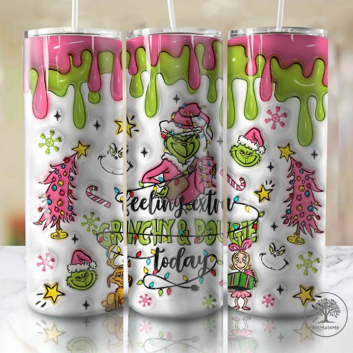 3D Inflated Christmas 20 Oz Skinny Tumbler Png, Christmas Movies Png, Santa Hat Png, Pink Christmas 20oz Tumbler Wrap, Pink Xmas Holiday Png