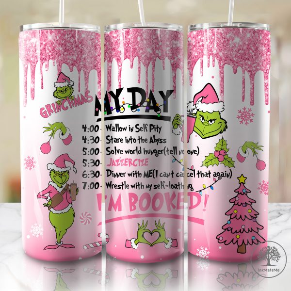 Glitter My Day I'm Booked 20 Oz Skinny Tumbler Png, Faux Sequin 20oz Tumbler Wrap, Pink Christmas Movies Png, Santa Hat, Pink Xmas Holiday