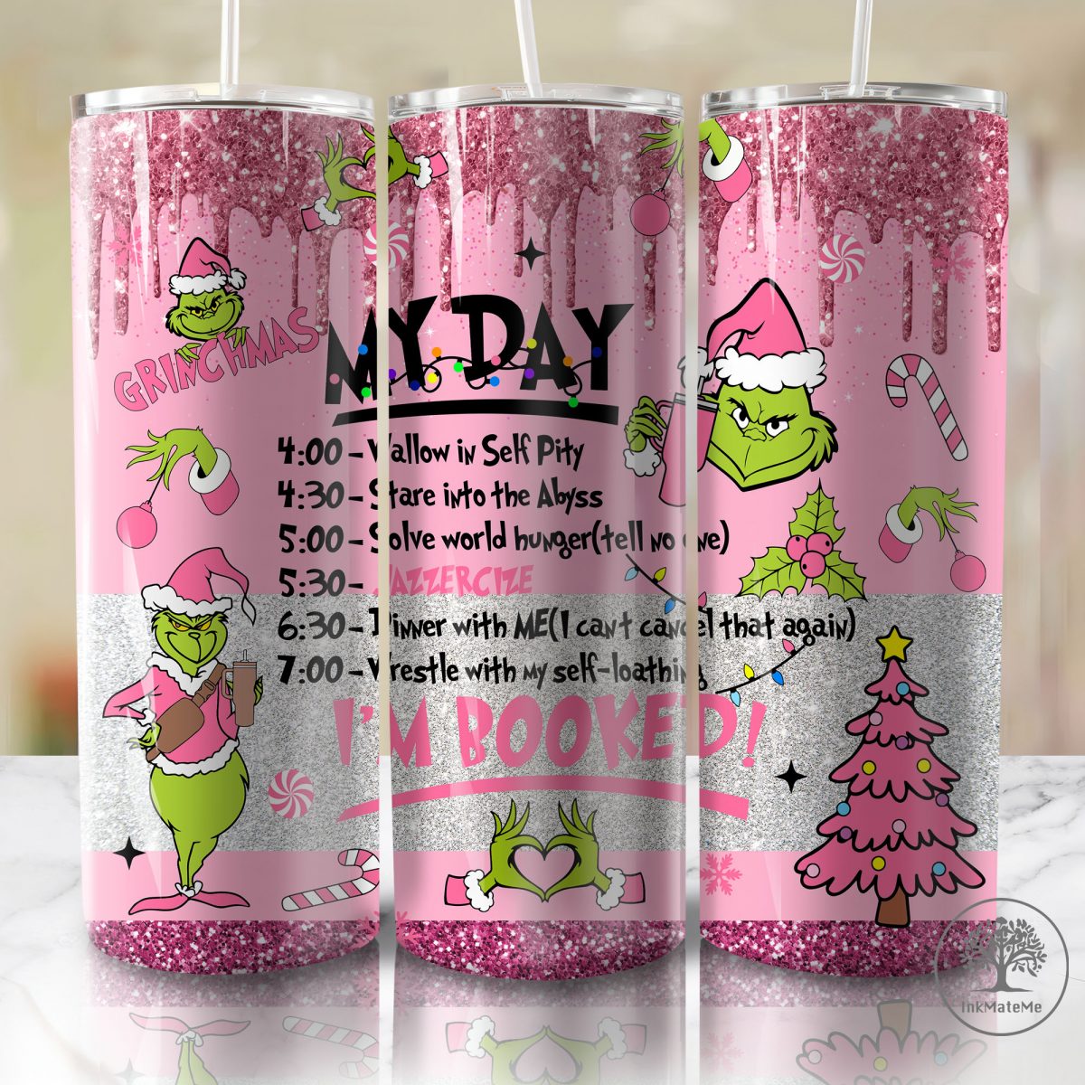 Glitter My Day I'm Booked 20 Oz Skinny Tumbler Png, Pink Xmas Holiday, Pink Christmas Movies Png, Faux Sequin 20oz Tumbler Wrap, Santa Hat