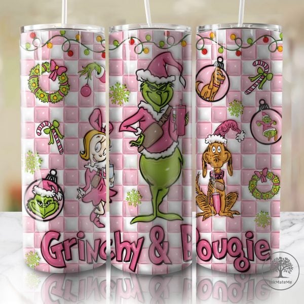 3D Inflated Checked Christmas 20oz Skinny Tumbler, Xmas Png, 3D Puffy Pink Christmas Tumbler Wrap, Mean Green Guy Christmas Tumbler Wrap Png