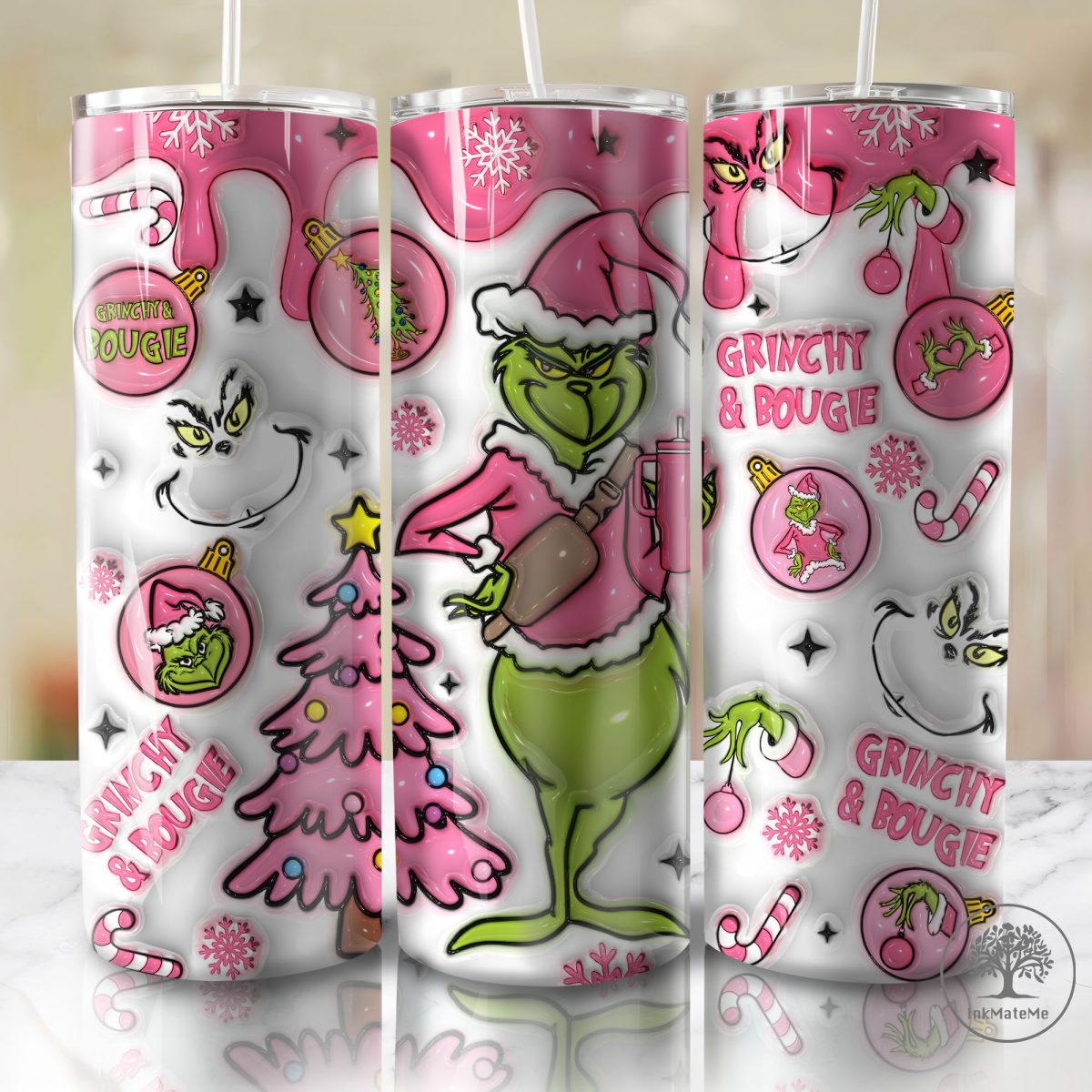 3D Inflated Christmas Movie Tumbler Wrap, Christmas Pink 20oz Skinny Tumbler, Pink Xmas, Holiday Png, Santa Hat Png, Stole Christmas Tumbler