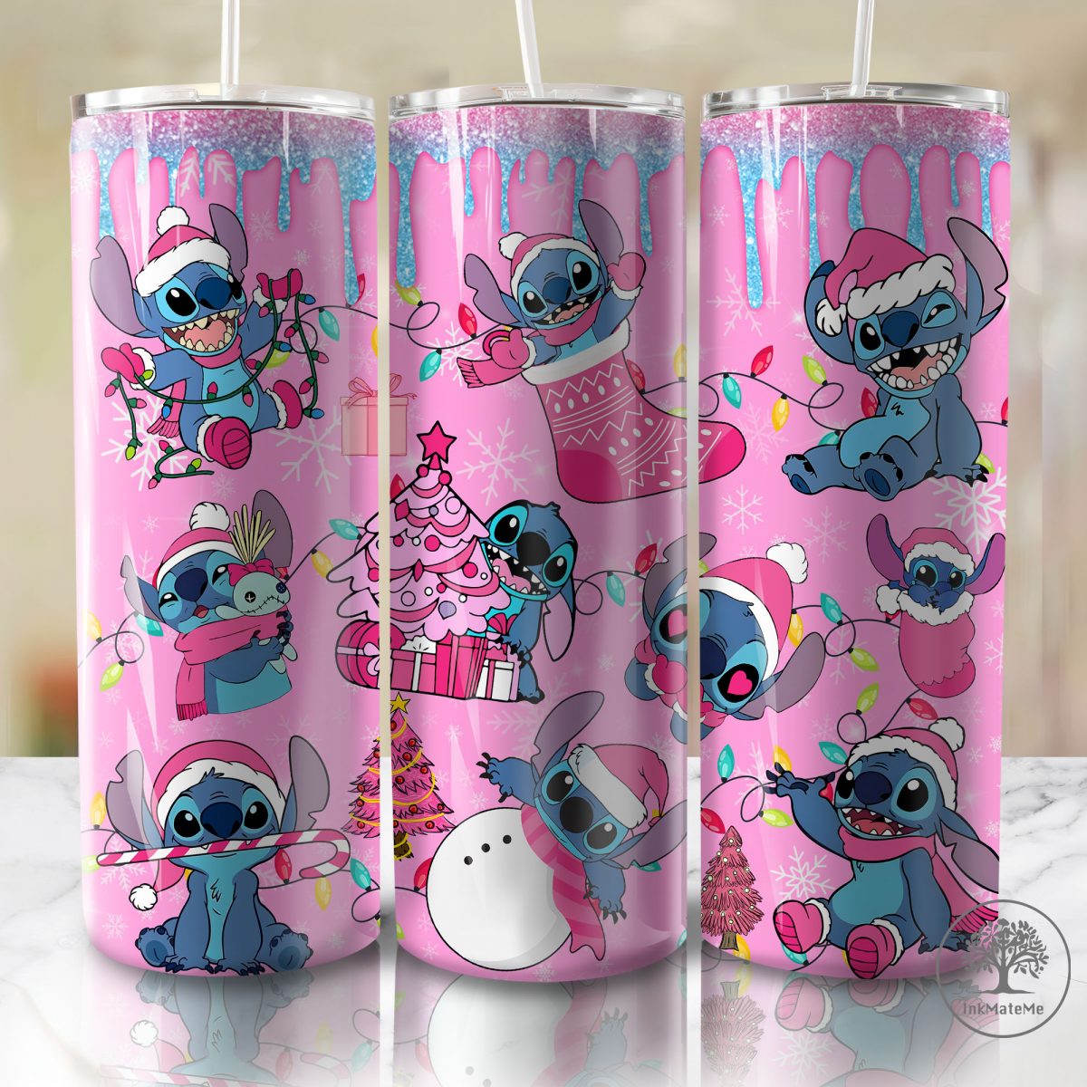 Christmas Cartoon 20oz Skinny Tumbler, Pink Glitter Drip Christmas, Merry Christmas, Pink Christmas 20oz Tumbler Wrap, Xmas Png, Santa Hat