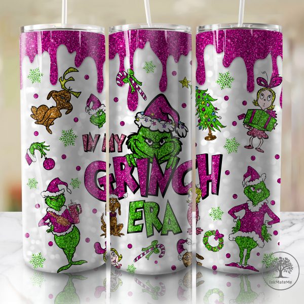 Glitter In My Era 20 Oz Skinny Tumbler Png, Pink Xmas Holiday Png, Faux Sequin 20oz Tumbler Wrap, Pink Christmas Movies Png, Santa Hat