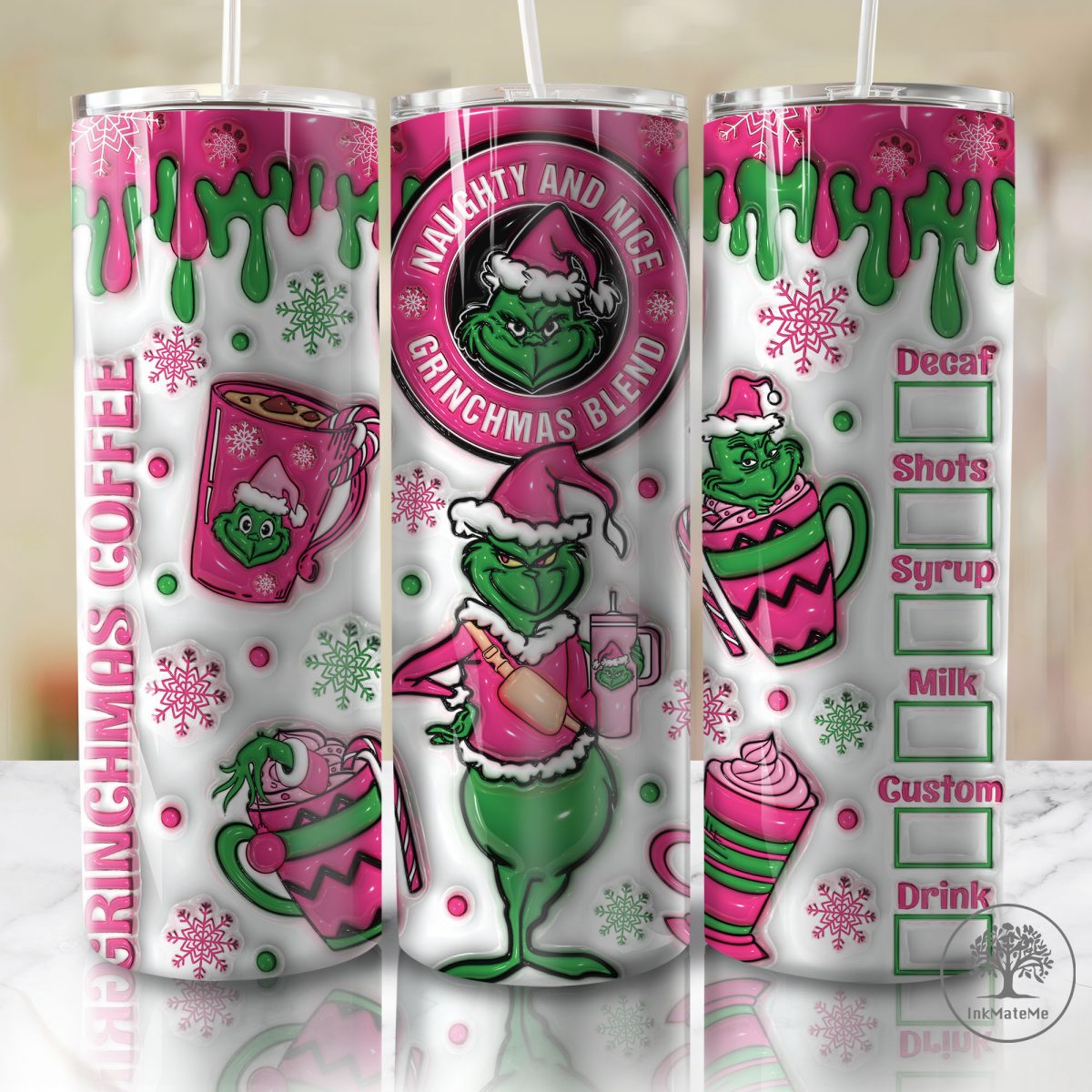 3D Inflated Christmas 20 Oz Skinny Tumbler Png, Pink Xmas Holiday Png, Christmas 20oz Tumbler Wrap, Pink Christmas Movies Png, Coffee Lover