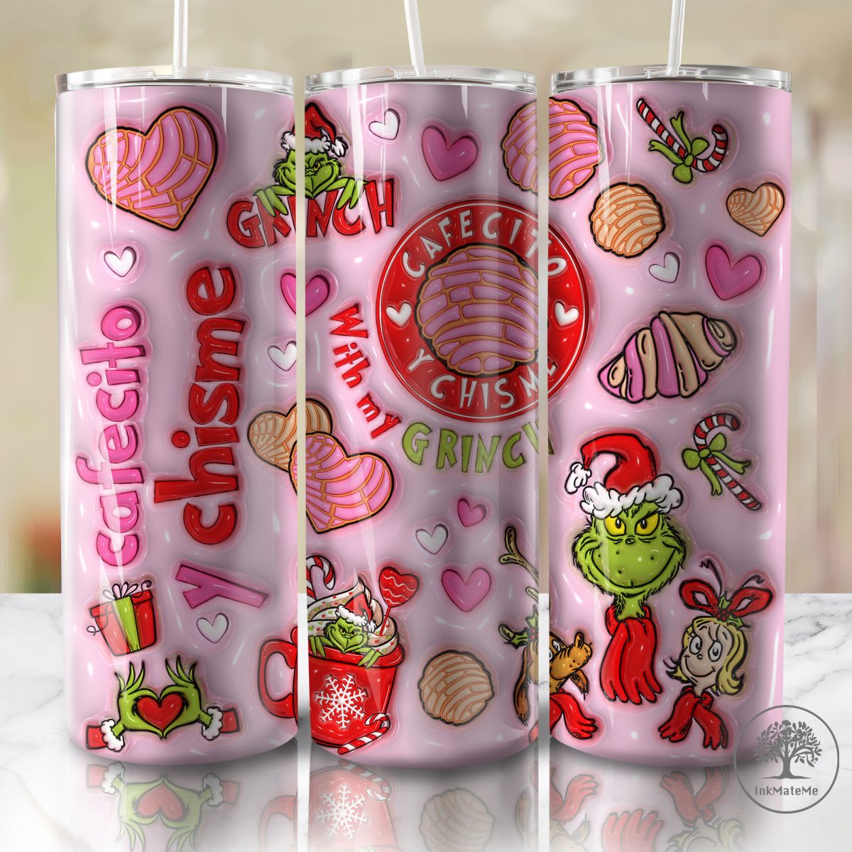 3D Inflated Pink Christmas 20 Oz Skinny Tumbler Png, Santa Claus Png, Christmas Movies Png, Xmas Cafe Holiday, Christmas 20oz Tumbler Wrap