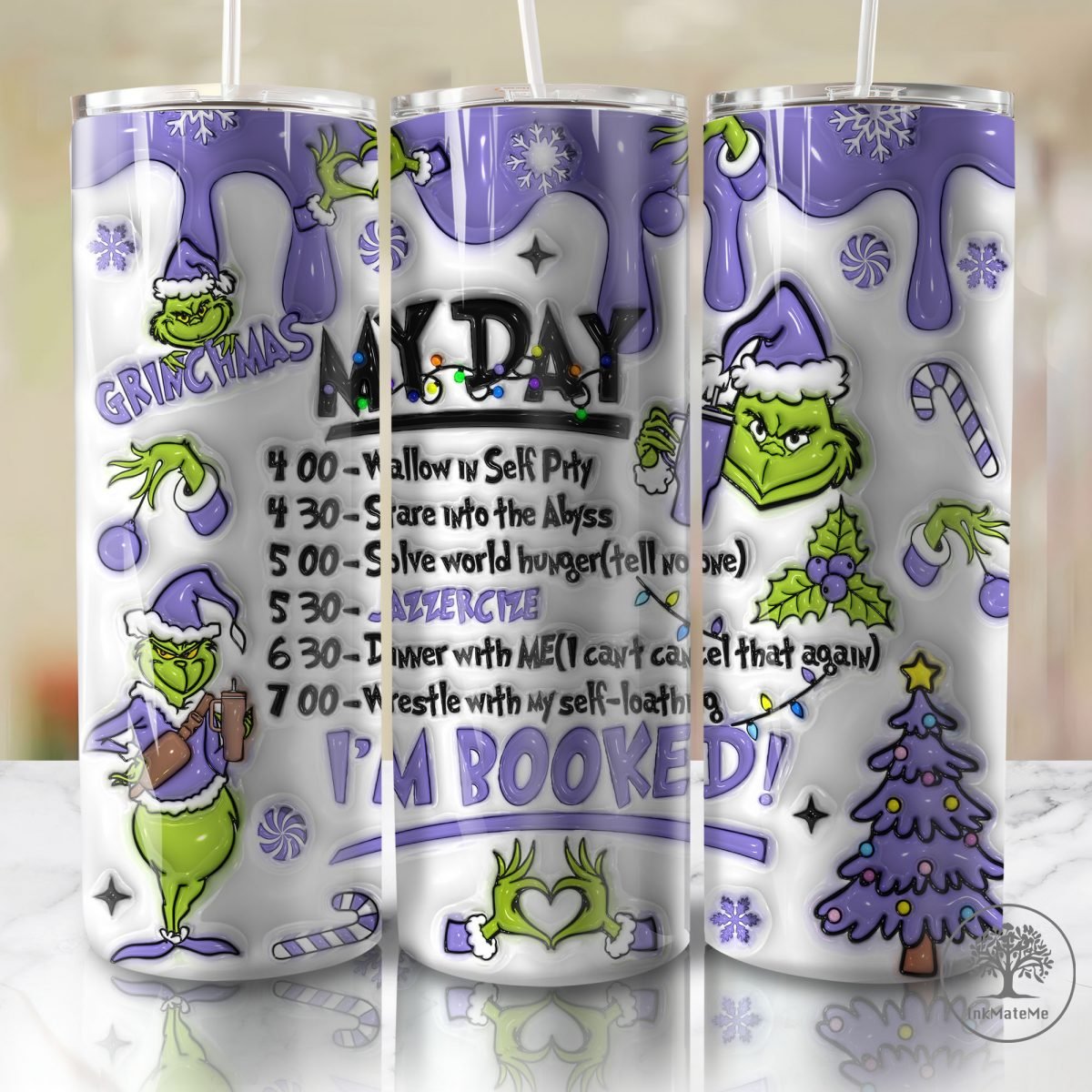 3D Inflated Purple My Day I'm Booked 20 Oz Skinny Tumbler Png, Santa Claus Png, Purple Christmas Movies Png, Christmas 20oz Tumbler Wrap