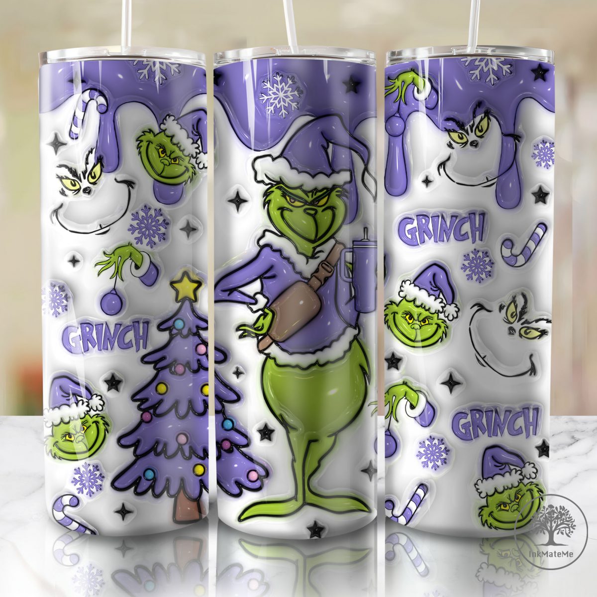 3D Inflated Purple Christmas 20 Oz Skinny Tumbler Png, Santa Claus Png, Christmas Movies, Purple Xmas Holiday, Christmas 20oz Tumbler Wrap