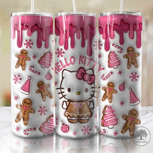 3D Inflated Pink Christmas Tumbler Wrap Png, Cat Png, Christmas Movies Png, Cartoon 20 oz Wrap Tumbler, Christmas Ginger Bread 3D