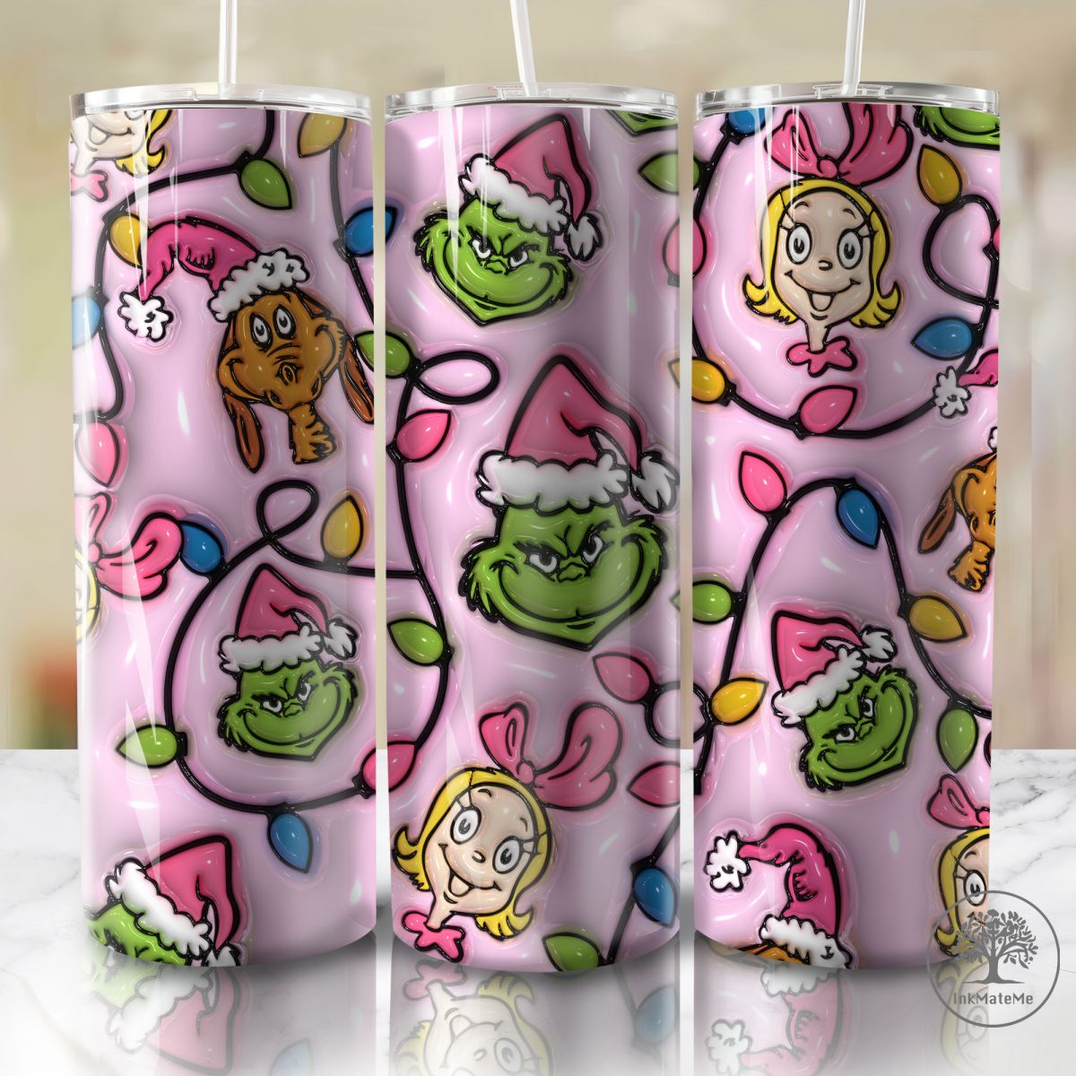 3D Inflated Christmas 20 Oz Skinny Tumbler Png, Pink Xmas Lights Png, Christmas 20oz Tumbler Wrap, Pink Christmas Movies Png, Coffee Lover