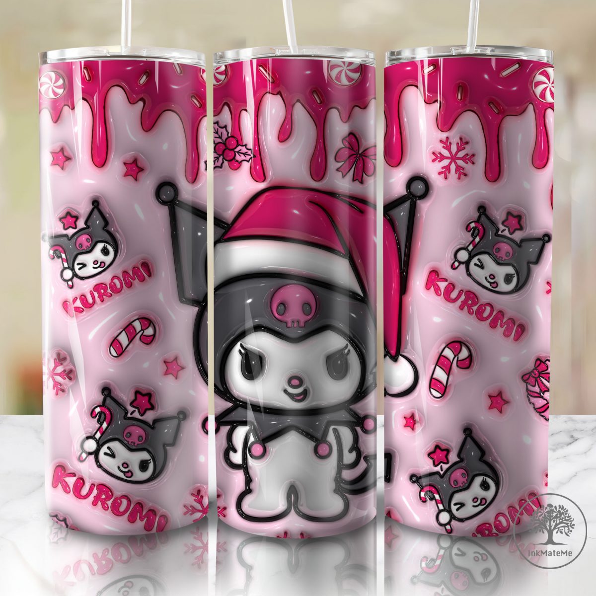 3D Inflated Pink Christmas 20oz Skinny Tumbler Png, Cat Png, Christmas Movies Png, Cartoon 20 oz Tumbler, Merry Christmas 3D Puff Tumbler