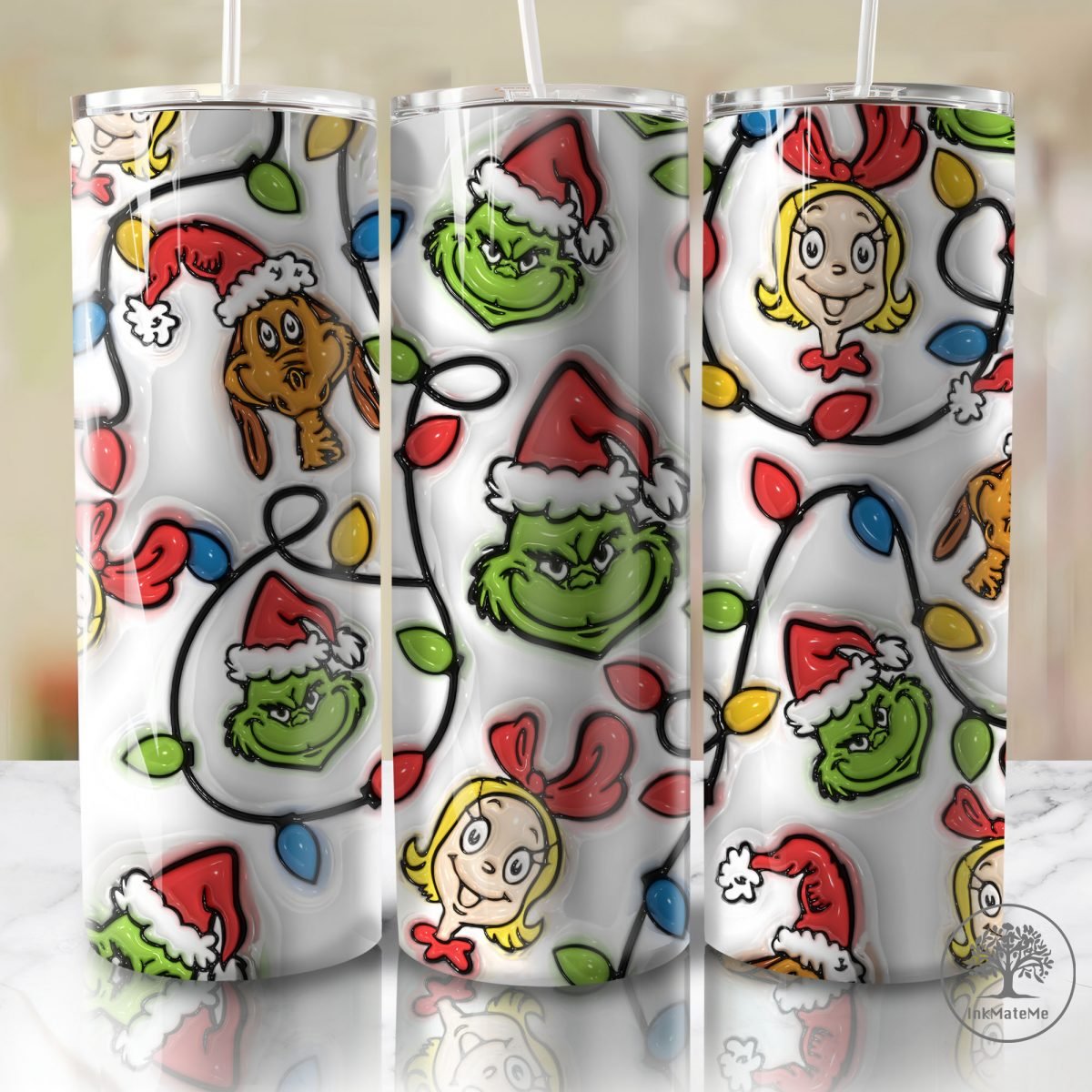 3D Inflated Christmas 20oz Skinny Tumbler, Christmas Movie 3D Puffy Tumbler, Santa Hat Png, Xmas Holiday, Christmas Lights 20oz Tumbler Wrap