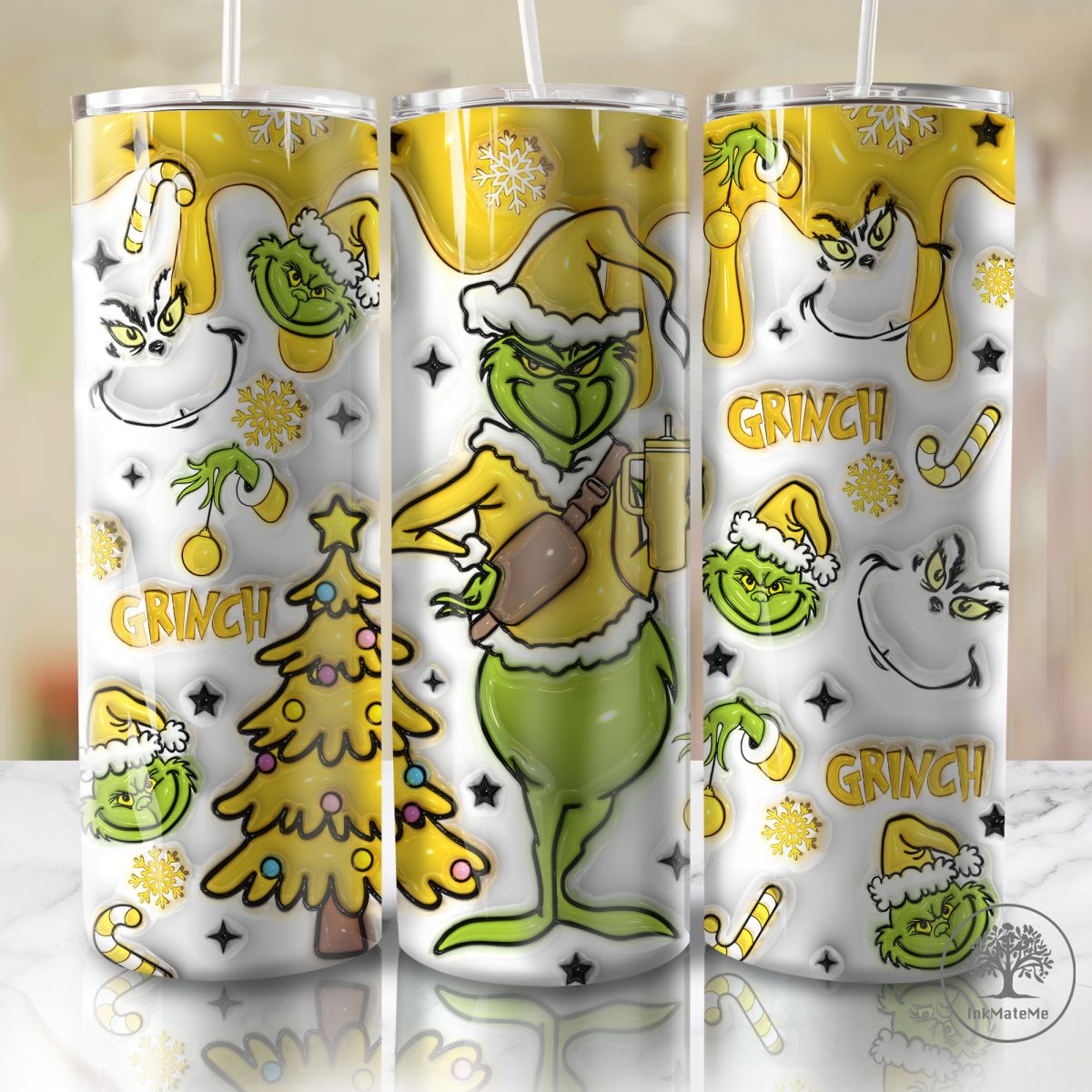 3D Inflated Christmas 20 Oz Skinny Tumbler, Christmas Movies Png, 3D Puffy Coffee Tumbler, Xmas Holiday, Yellow Christmas 20oz Tumbler Wrap