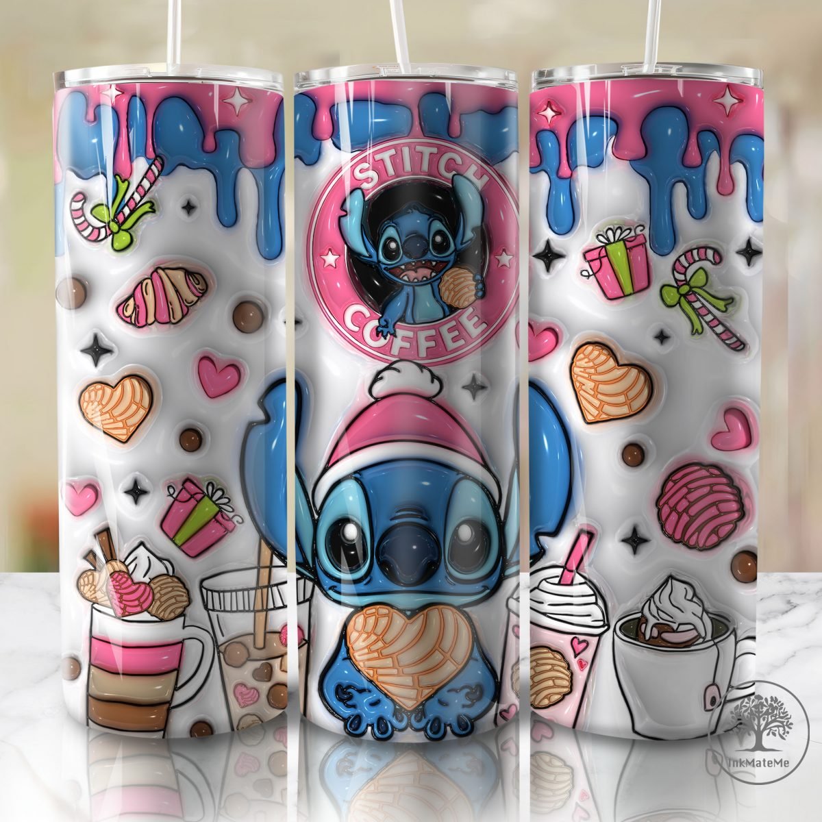 3D Inflated Pink Christmas 20oz Skinny Tumbler Png, Cafecito Y Chisme 3D Puff Tumbler,Xmas Coffee Tumbler Wrap, Christmas Cartoon, Santa Hat