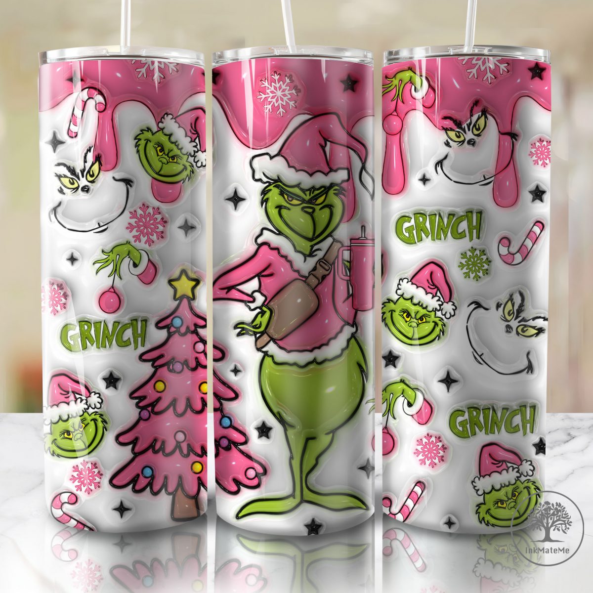 3D Inflated Christmas 20oz Skinny Tumbler Png, Puffy Pink Christmas Movies Png, Xmas Holiday Png, Santa Hat Png, Christmas 20oz Tumbler Wrap