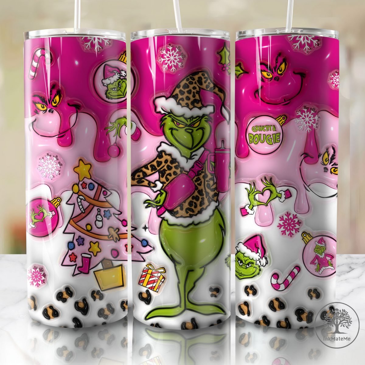 3D Inflated Leopard Christmas Tumbler Wrap, Pink Christmas 3D Puffy Tumpler, Christmas Movies 20oz Skinny Tumbler, Christmas Bauble,Xmas Png