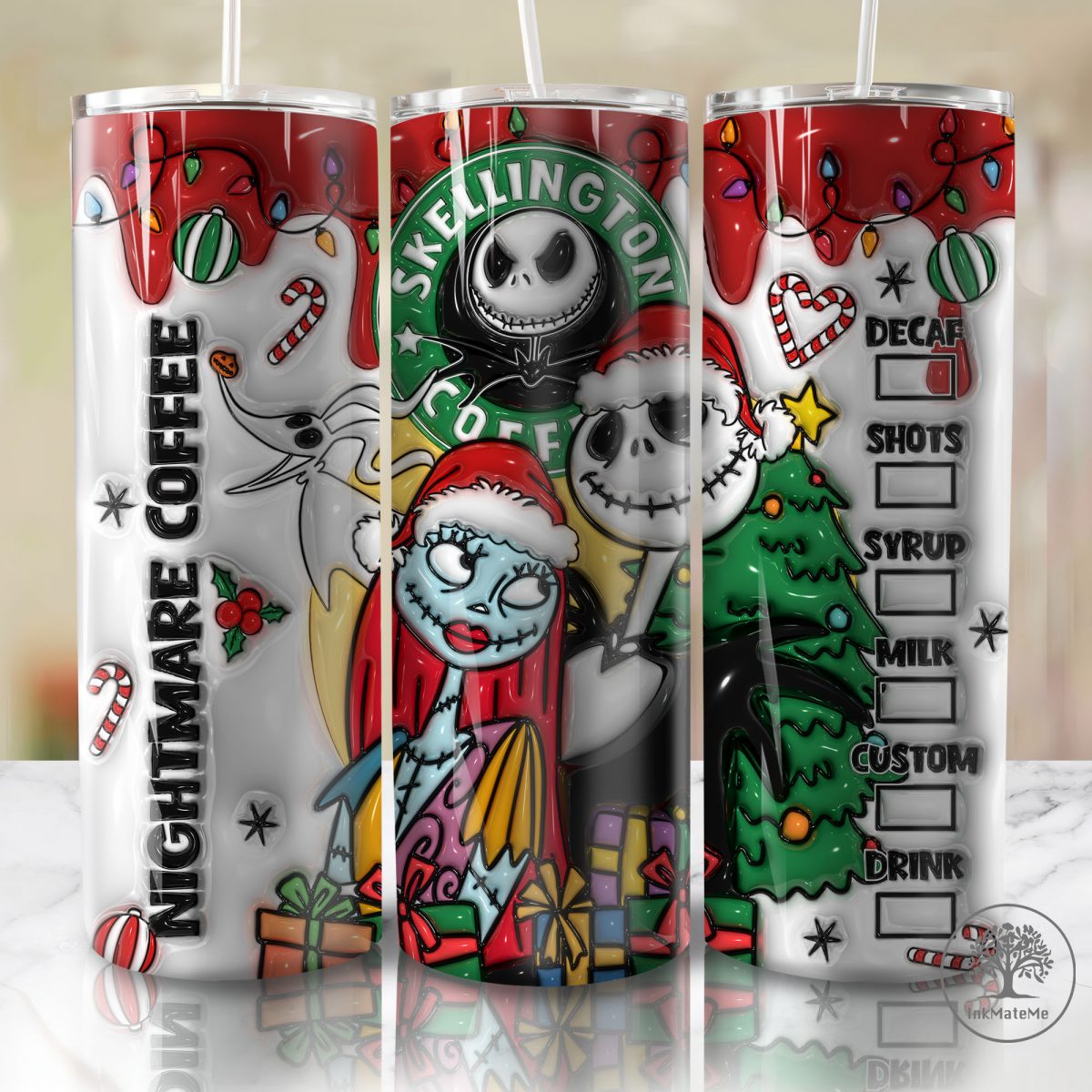 3D Inflated Christmas Coffee 20oz Skinny Tumbler Png, Santa Claus, Christmas Characters 3D Puff Tumbler, Holiday Xmas Png, Christmas Lights