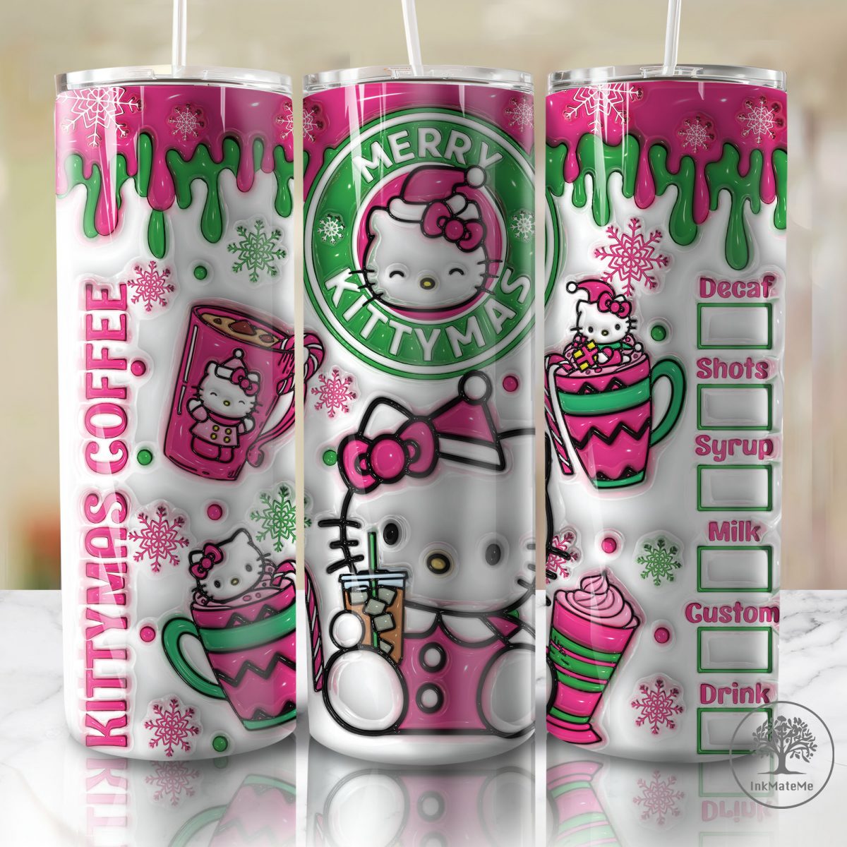 3D Inflated Pink Christmas Tumbler Wrap Png, Cat Png, Christmas Movies Png, Cartoon 20 oz Wrap Tumbler, Christmas Ginger Bread 3D