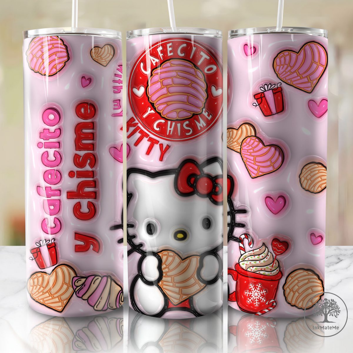 3D Inflated Pink Christmas Tumbler Wrap Png, Cat Png, Christmas Movies Png, Cartoon 20 oz Wrap Tumbler, Christmas Ginger Bread 3D