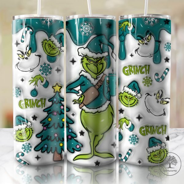 3D Inflated Christmas Tumbler Wrap, Teal Merry Christmas Tumbler, Mean Green Guy Christmas 20 oz Skinny Tumbler, Holiday Png, Santa Hat