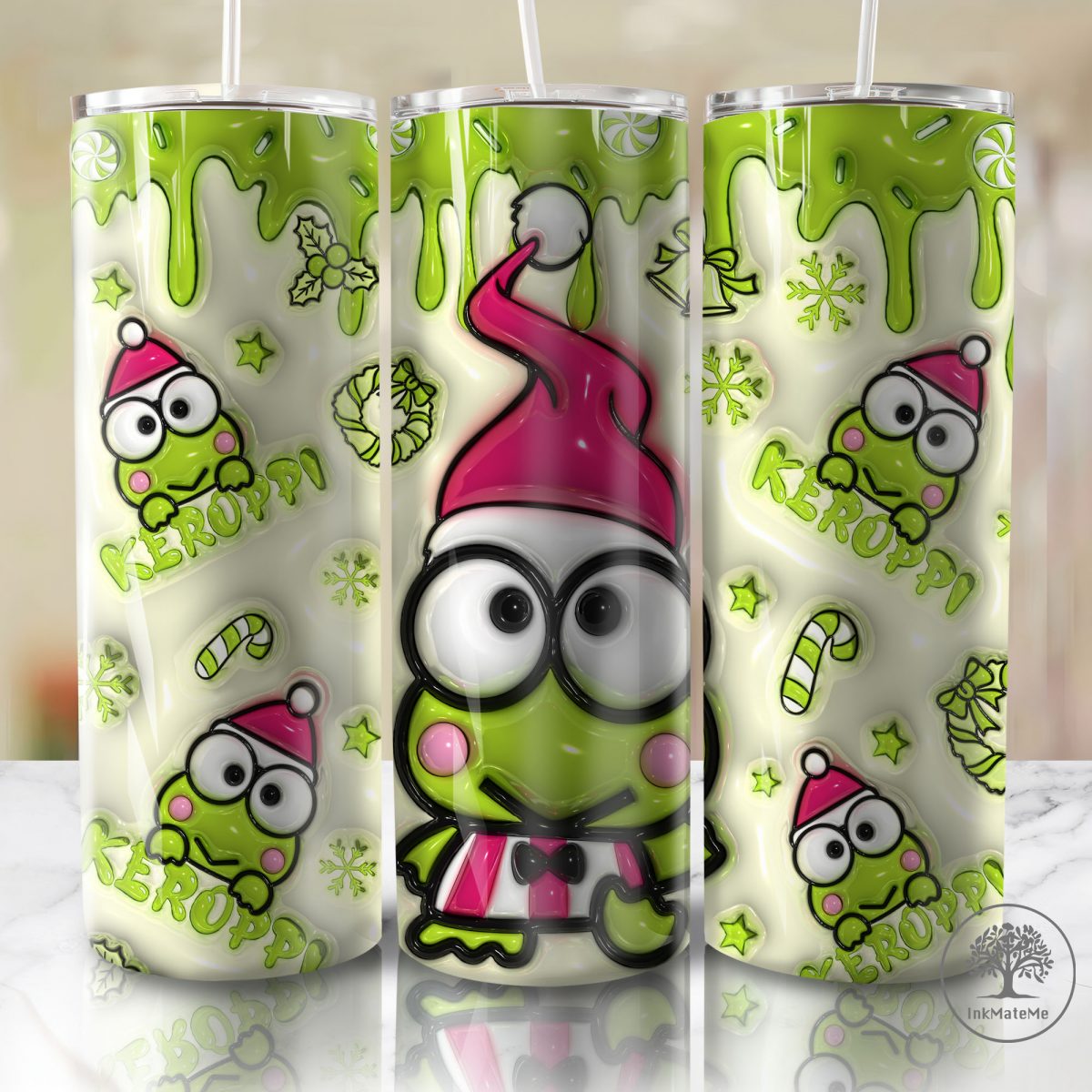 3D Inflated Pink Christmas Tumbler Wrap Png, Cat Png, Christmas Movies Png, Cartoon 20 oz Wrap Tumbler, Christmas Ginger Bread 3D