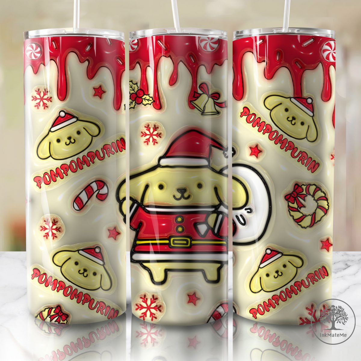 3D Inflated Pink Christmas Tumbler Wrap Png, Cat Png, Christmas Movies Png, Cartoon 20 oz Wrap Tumbler, Christmas Ginger Bread 3D