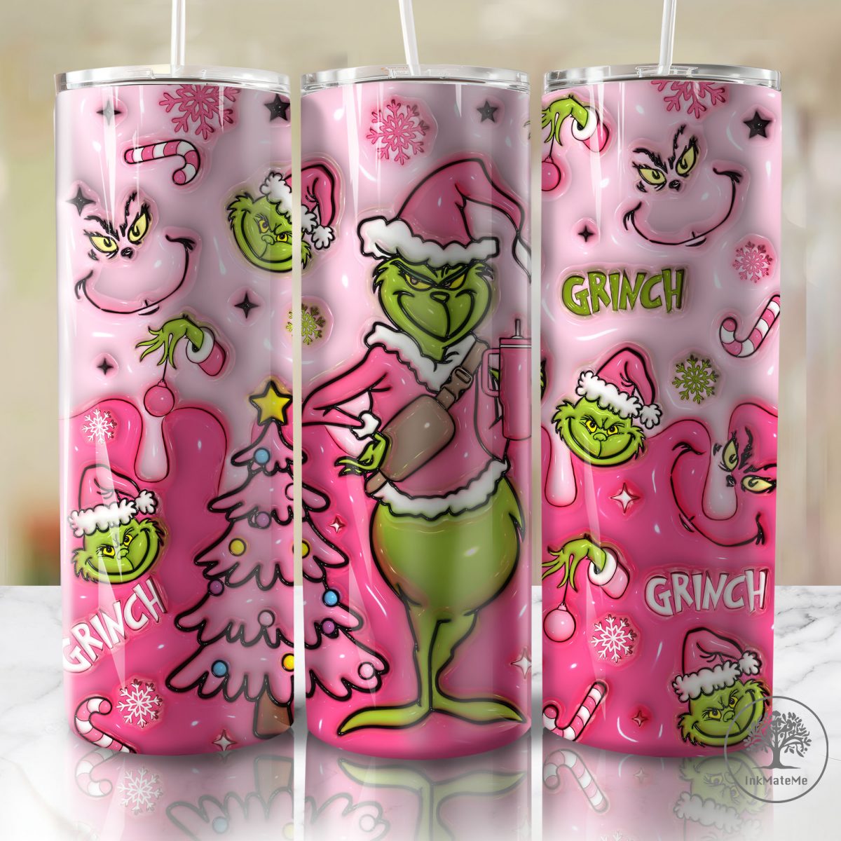 3D Inflated Christmas Movie Tumbler Wrap, Pink Christmas Tumbler, Mean Green Guy Christmas 20oz Skinny Tumbler, Xmas Holiday, Santa Hat Png