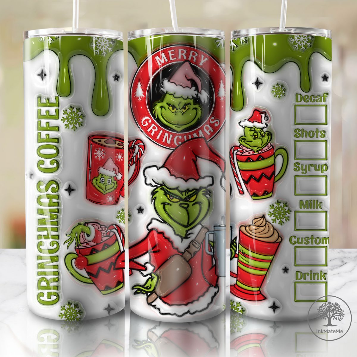 3D Inflated Christmas Tumbler Wrap, Coffee Christmas Tumbler, Merry Christmas 20oz Skinny Tumbler Png, Xmas Holiday Png, Santa Claus Png