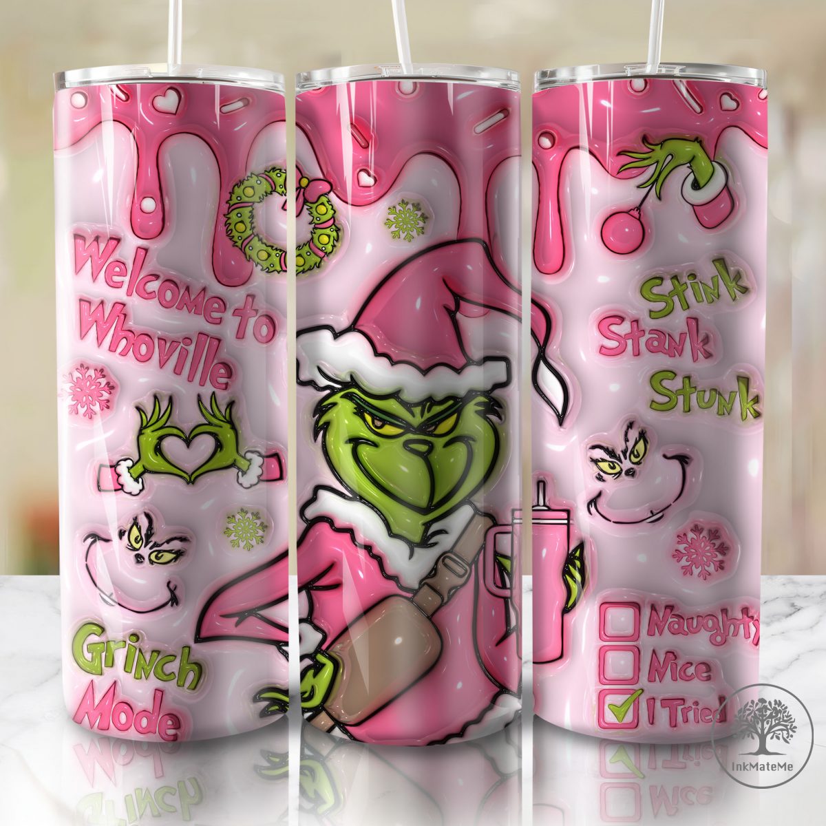 3D Inflated Christmas 20oz Skinny Tumbler Png, Pink Xmas Holiday Png, Pink Christmas Movies Png, Santa Hat Png, Christmas 20oz Tumbler Wrap