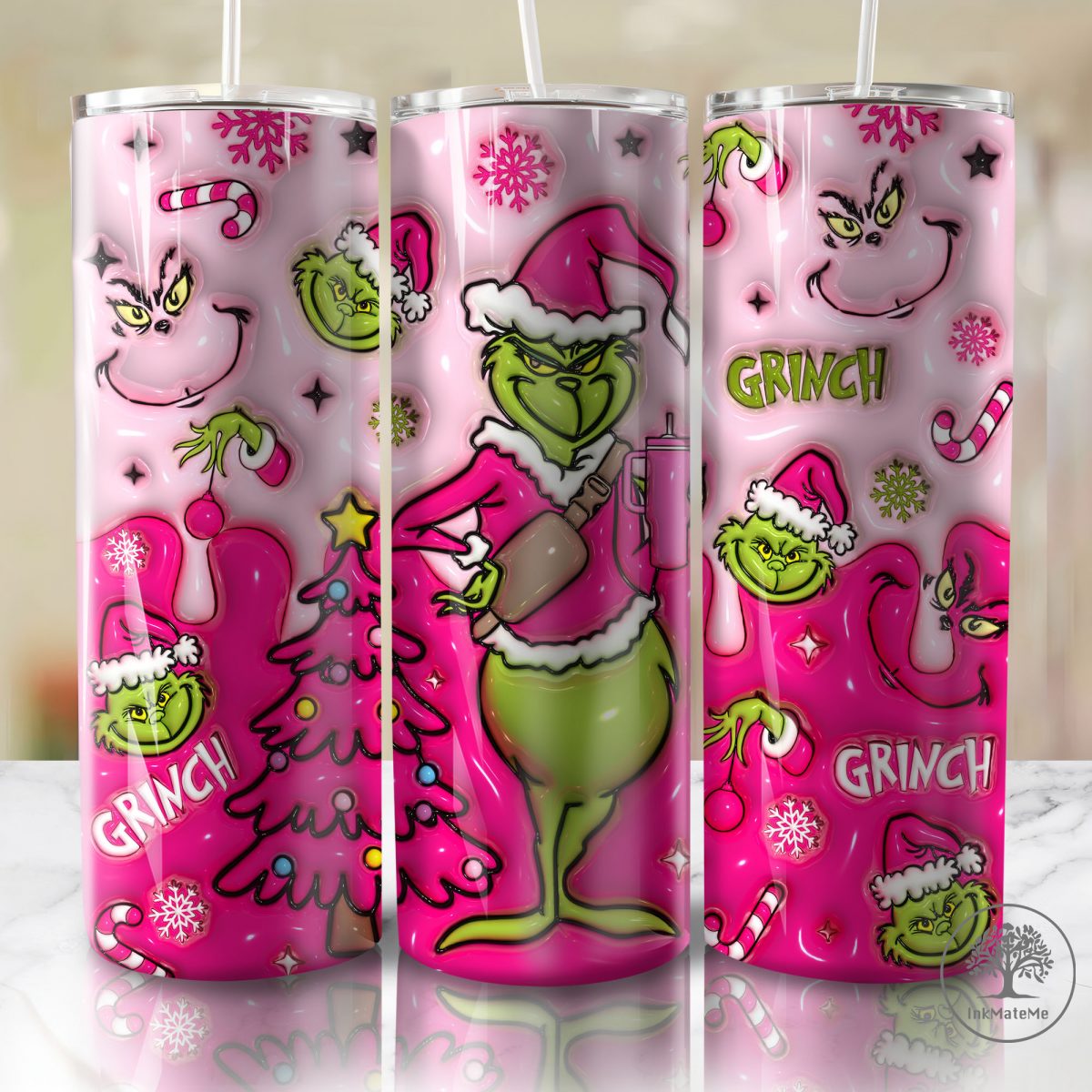 3D Inflated Christmas Movies 20oz Skinny Tumbler Png, 3D Puffy Pink Christmas Tumbler, Xmas Holiday, Santa Hat, Christmas 20oz Tumbler Wrap