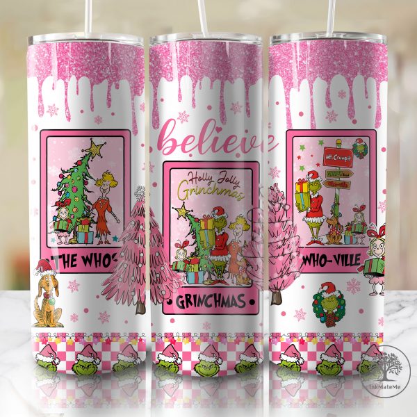 Glitter Christmas 20 Oz Skinny Tumbler Png, Christmas Faux Sequin 20oz Tumbler Wrap, Pink Xmas Holiday Png, Santa Hat, Christmas Movies Png