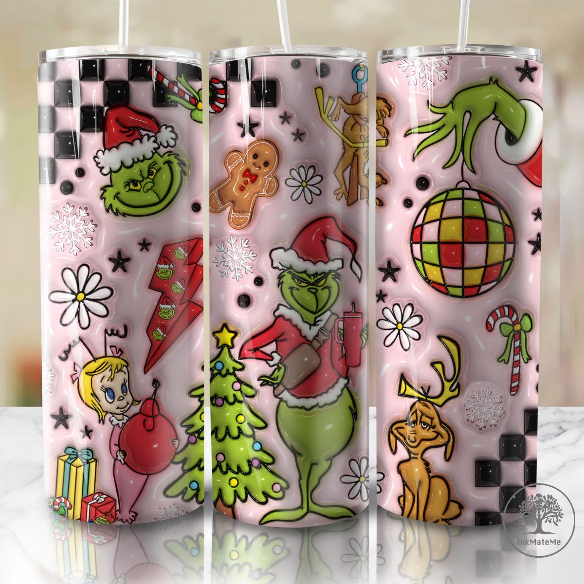 3D Inflated Merry Christmas Tumbler Wrap Png, Xmas Holiday, Santa Hat, Christmas Bauble Puffy Tumbler, Christmas Movies 20oz Skinny Tumbler