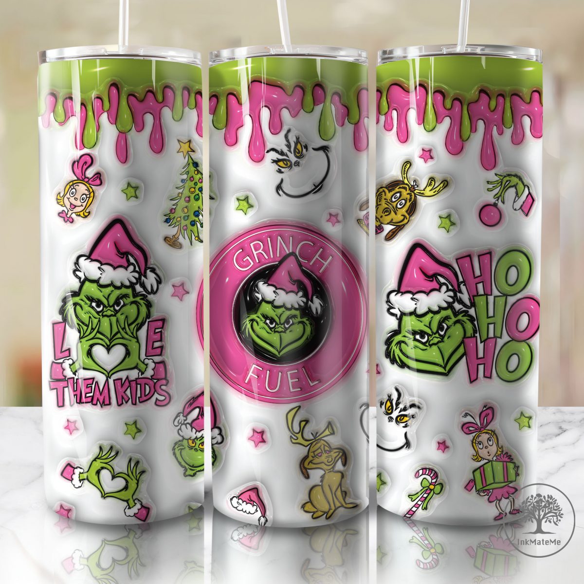 3D Inflated Christmas Movies 20 oz Skinny Tumbler, Pink Merry Christmas Tumbler, Mean Green Guy Christmas Tumbler Wrap, Santa Hat, Xmas Png