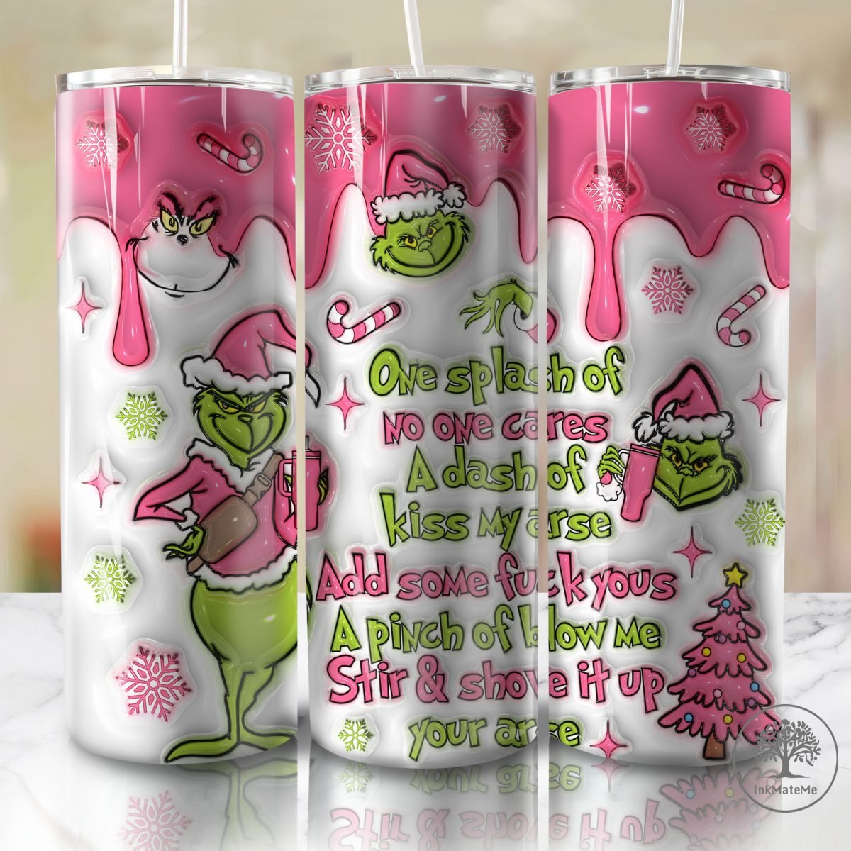 3D Inflated Christmas 20oz Skinny Tumbler Png, Santa Hat Png, Puffy Pink Christmas Png, Christmas Movies 20oz Tumbler Wrap, Xmas Holiday Png