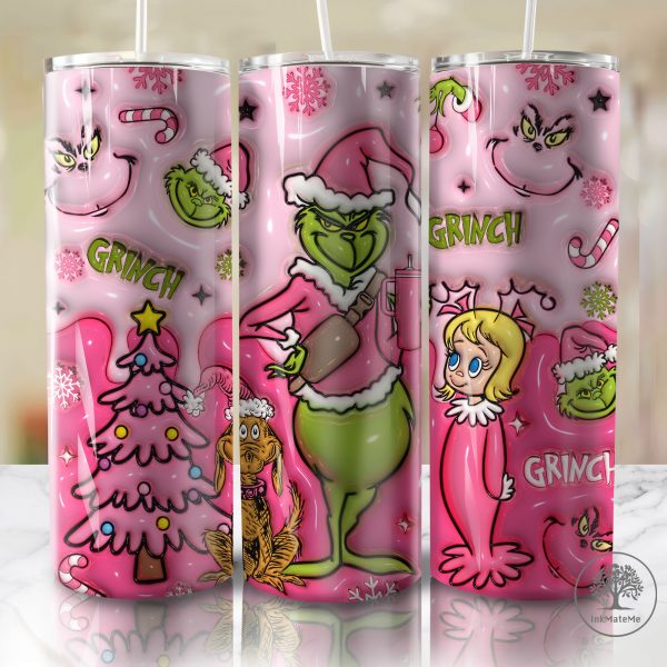 3D Inflated Christmas Movie Tumbler Wrap, Xmas Holiday, Pink Christmas Tumbler, Mean Green Guy Christmas 20oz Skinny Tumbler, Santa Hat Png