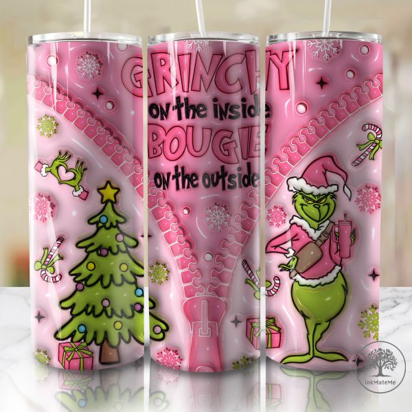 3D Inflated Christmas Tumbler Wrap, Pink Merry Christmas Tumbler, Santa Hat, Mean Green Guy Christmas 20 oz Skinny Tumbler, Xmas Holiday Png