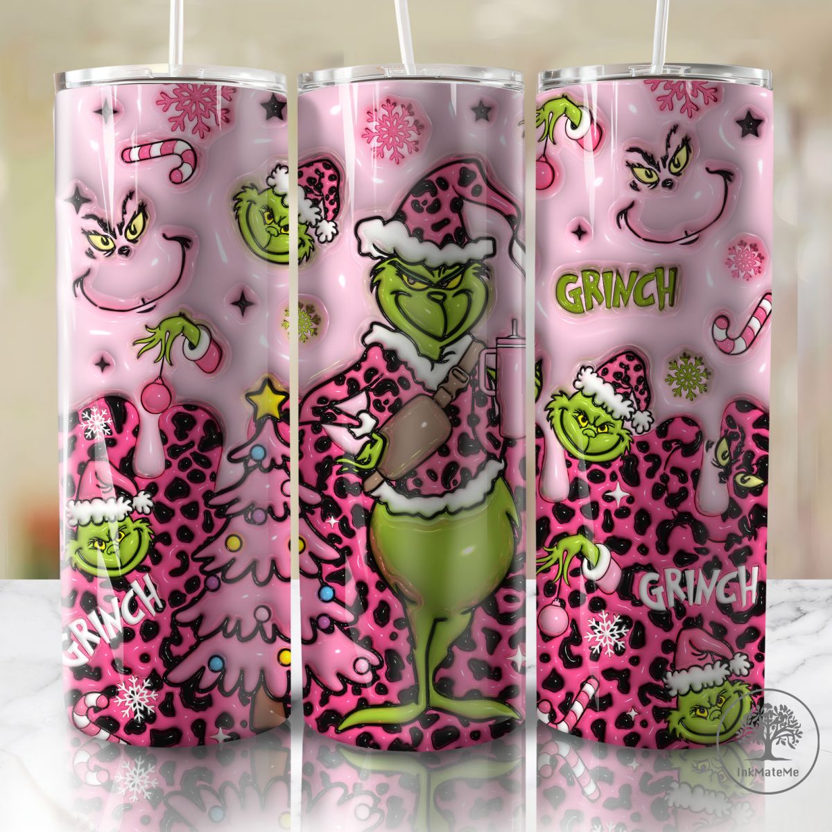 3D Inflated Leopard Christmas Tumbler Tumbler Wrap, Christmas Movies 20oz Skinny Tumbler Wrap, Pink Christmas 3D Puffy Tumpler, Xmas Holiday