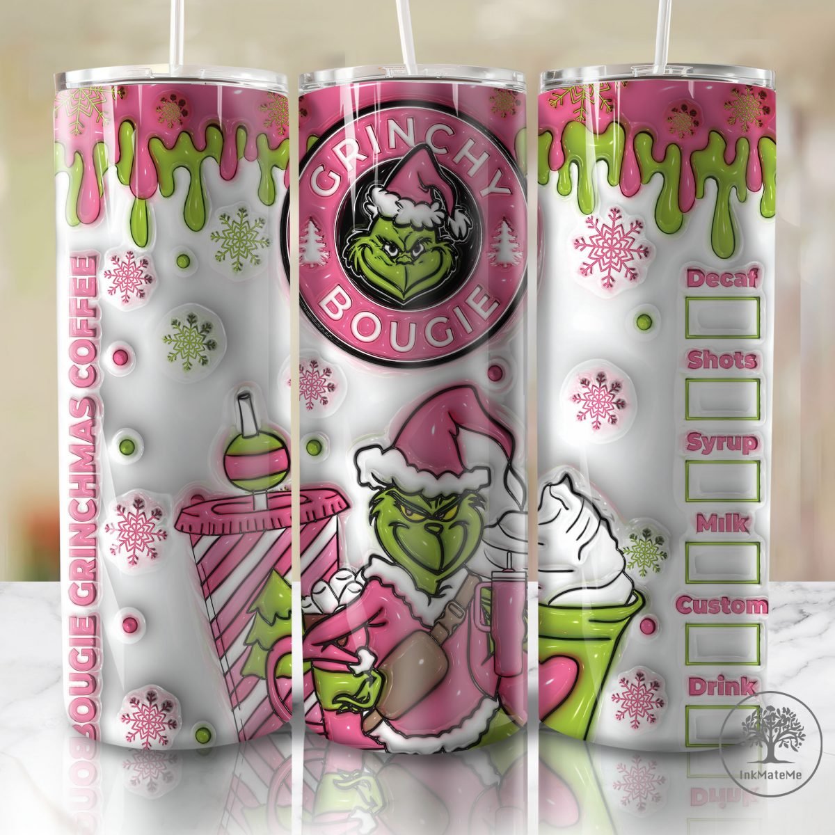 3D Inflated Pink Christmas 20 Oz Skinny Tumbler Png, Santa Claus Png, Christmas 20oz Tumbler Wrap, Christmas Movies Png, Merry Xmas Png