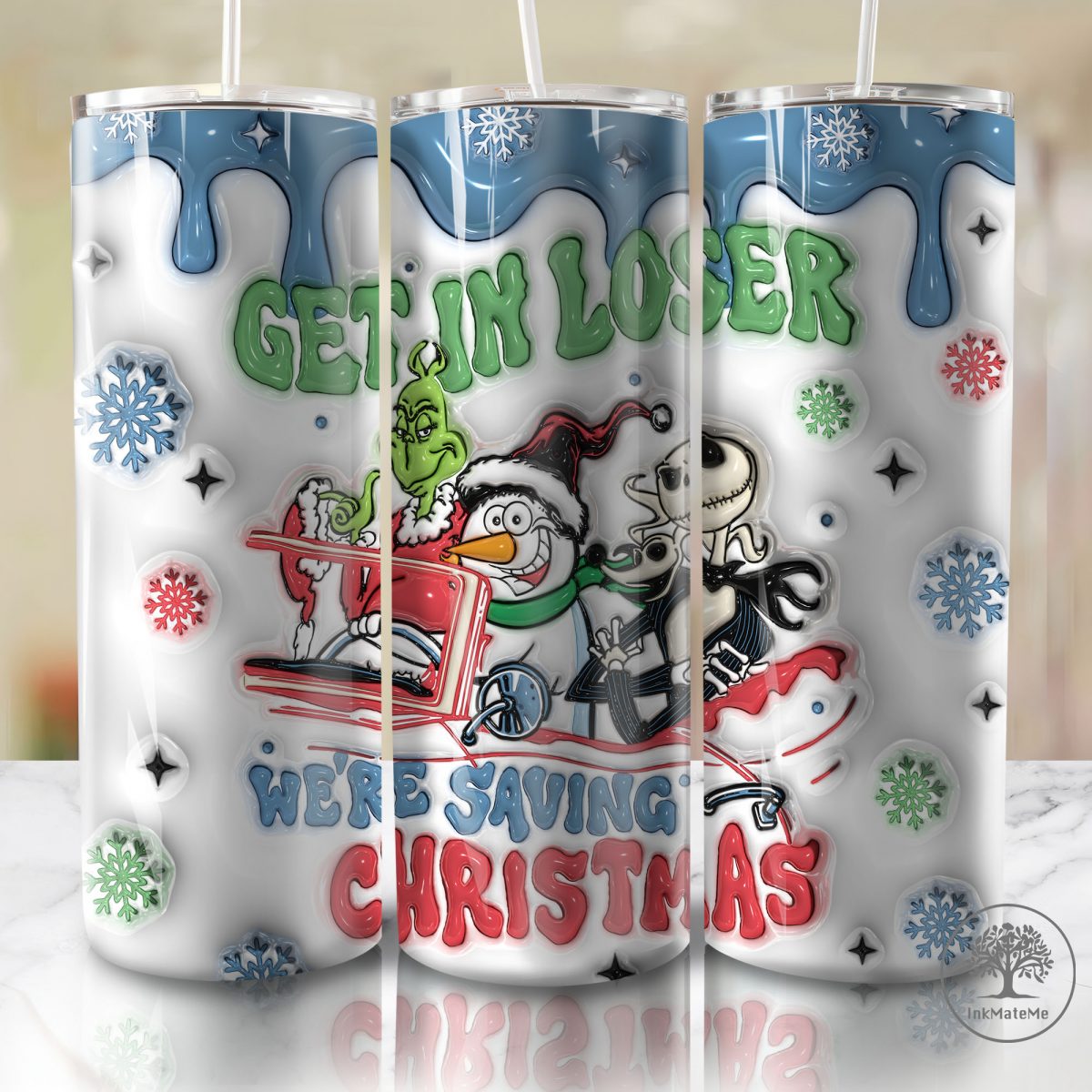 3D Inflated Get In Loser We’re Going Christmas 20 Oz Skinny Tumbler Png, Santa Hat Png, Xmas Holiday, Retro Christmas 20oz Tumbler Wrap Png