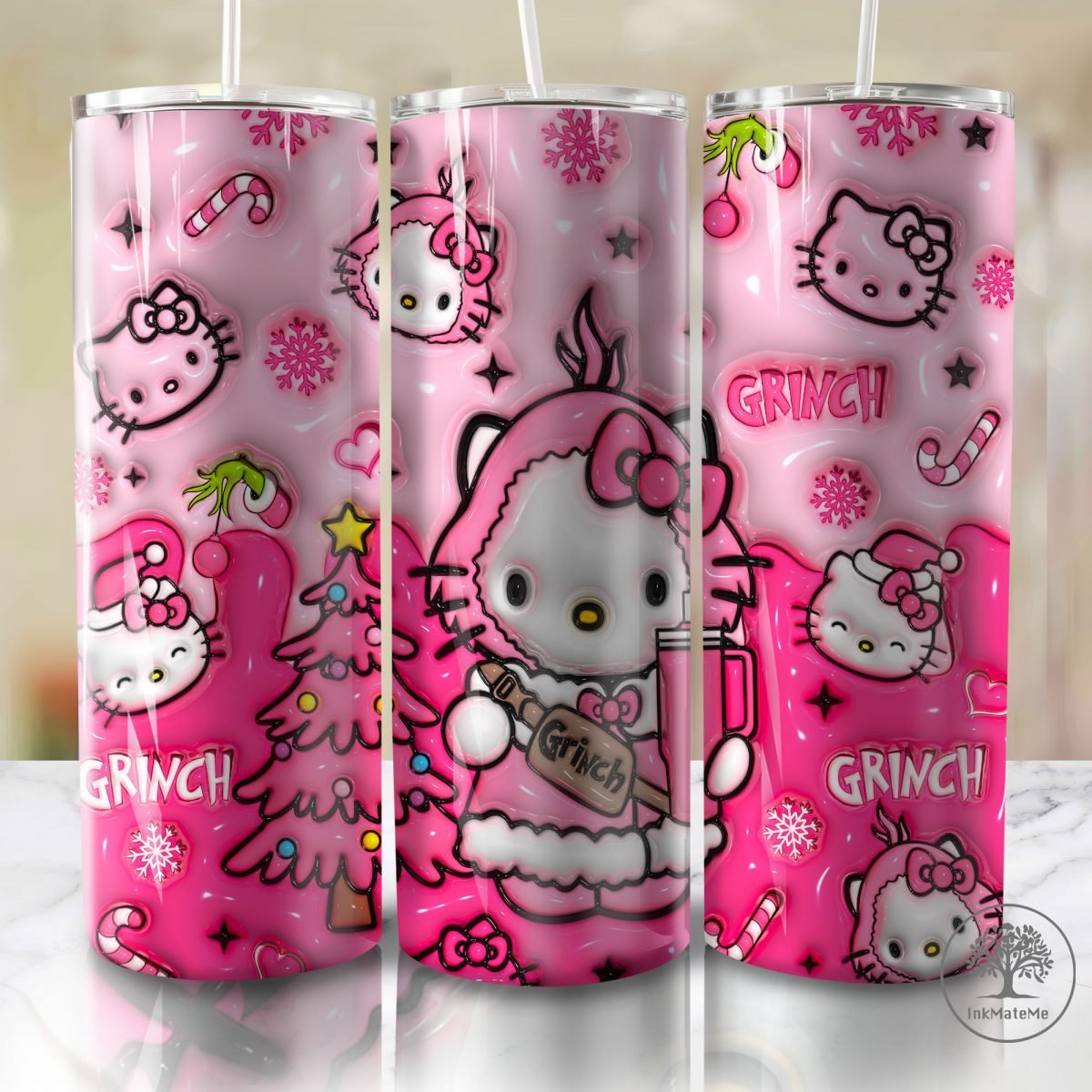 3D Inflated Pink Christmas Tumbler Wrap Png, Cat Png, Christmas Movies Png, Cartoon 20 oz Wrap Tumbler, Christmas Ginger Bread 3D